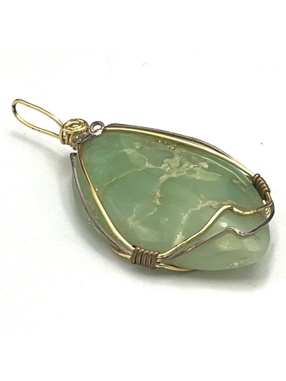 Large Green Stone Gold Tone Wire Wrapped Pendant Artisan Statement Bohemian 2.5" - Picture 7 of 10